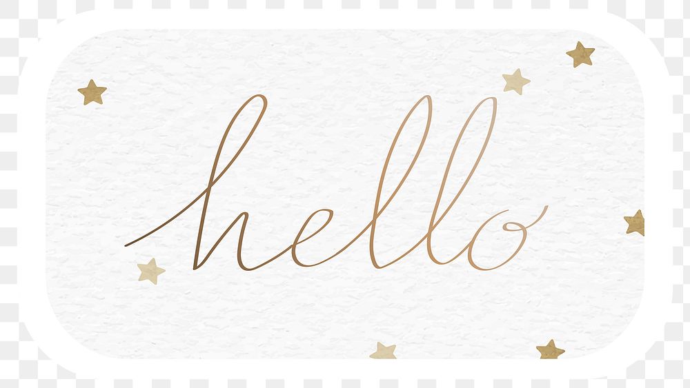 Golden hello greetings typography on a badge with stars design element