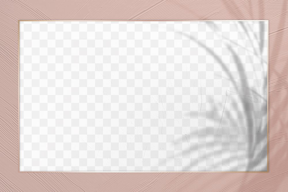 Gold border frame png on dull pink background with leaf shadow
