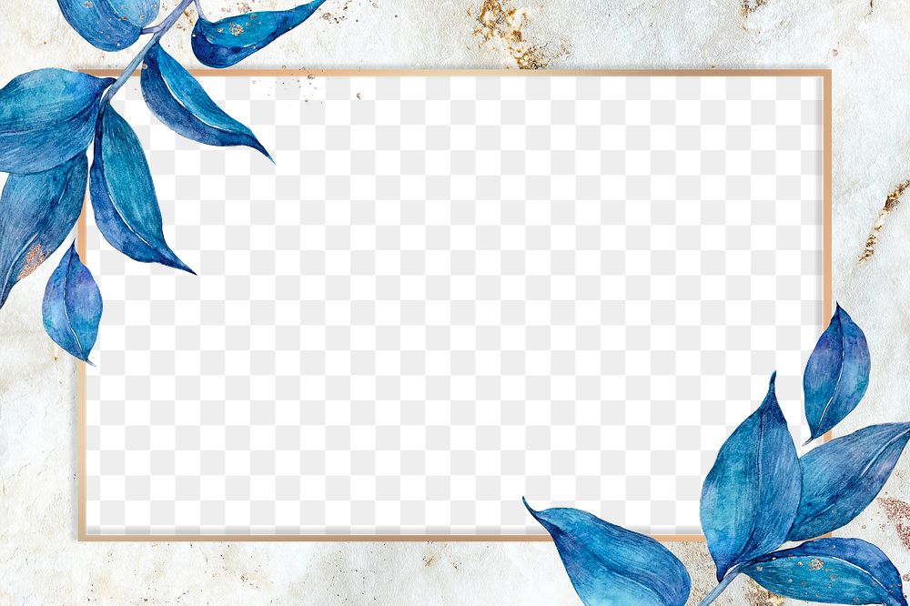 Blue flower and gold frame png in watercolor