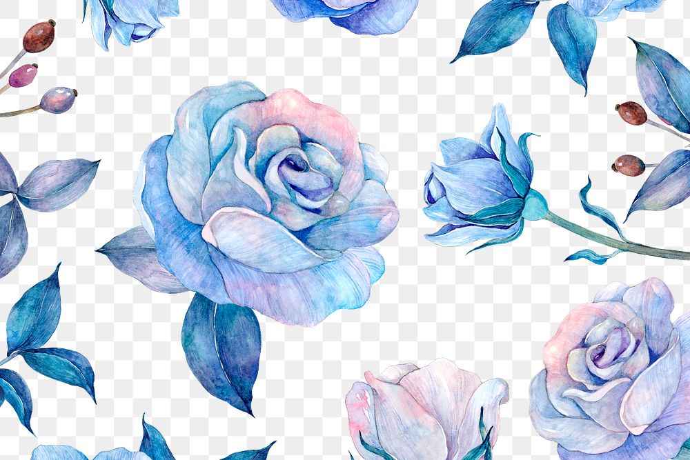 PNG blue watercolor rose flower pattern