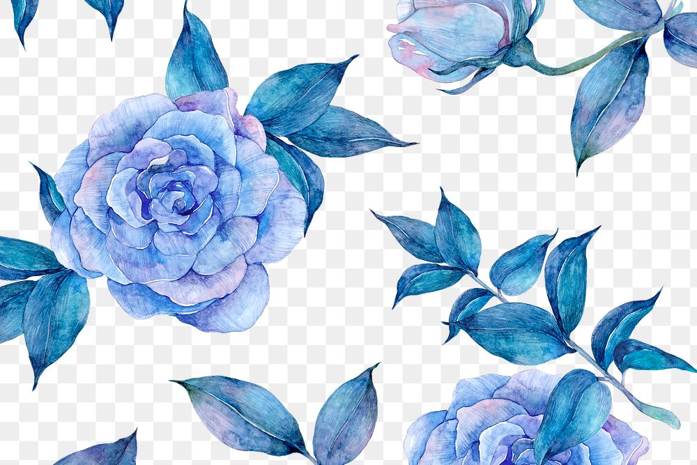 Blue floral watercolor rose png pattern