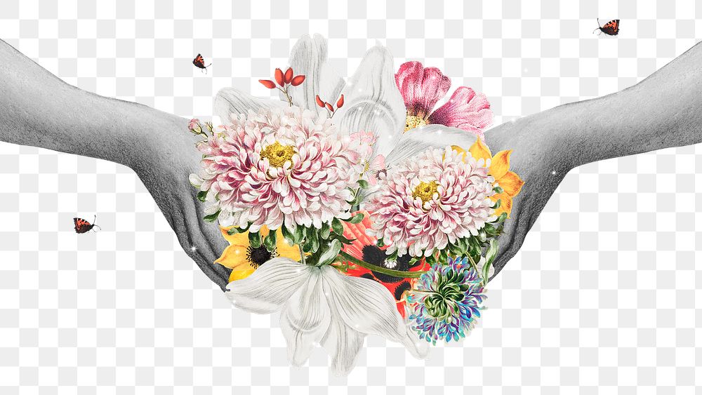Hand holding flowers png mixed media vintage illustration