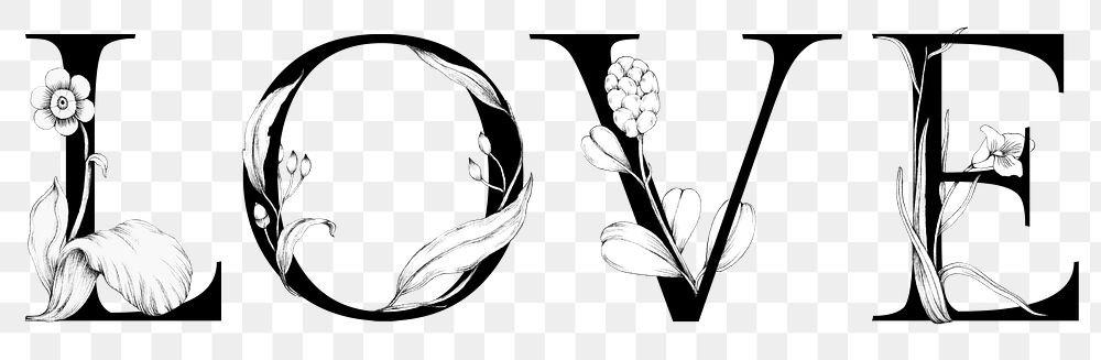 Png love word floral font typography