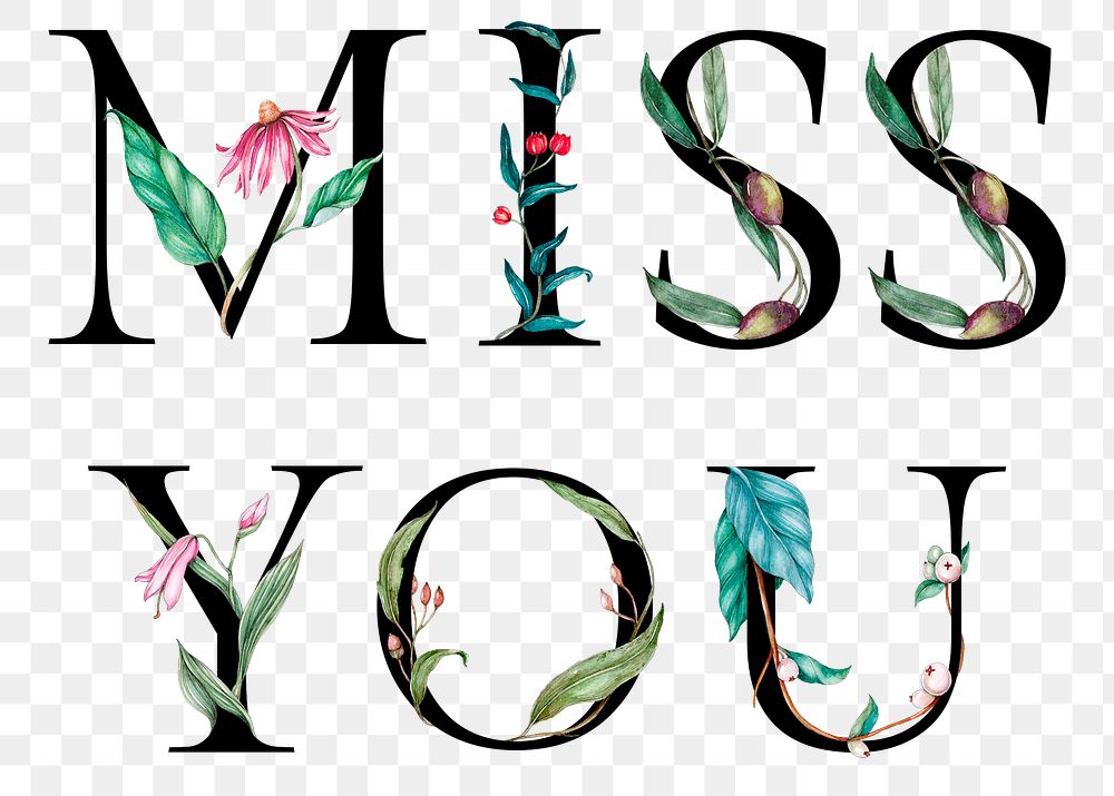 Png miss you word floral font watercolor typography