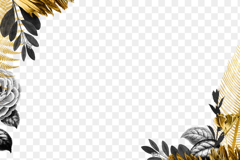 Black and golden leaf png border frame on white marble background