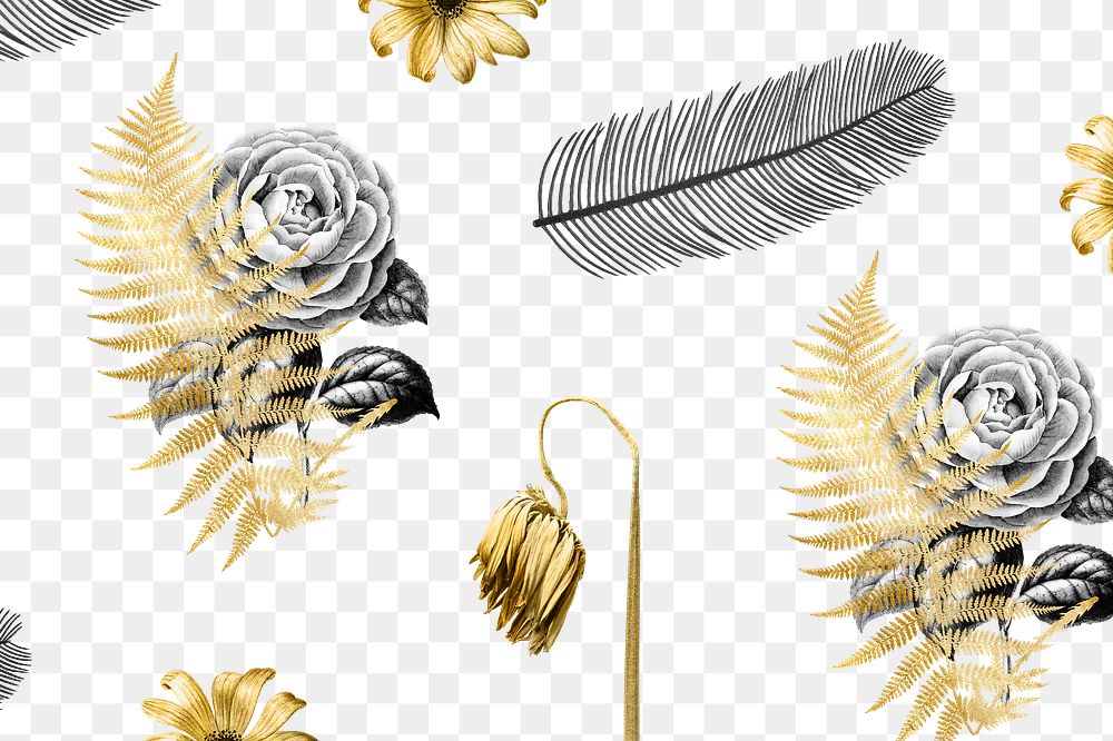 Png flowers and leaf metallic gold hand drawn botanical pattern
