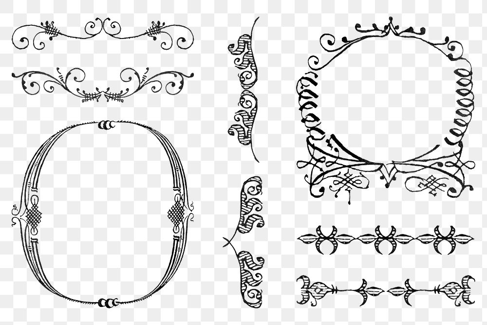 Black png vintage divider flourish ornamental element set, remix from The Model Book of Calligraphy Joris Hoefnagel and…