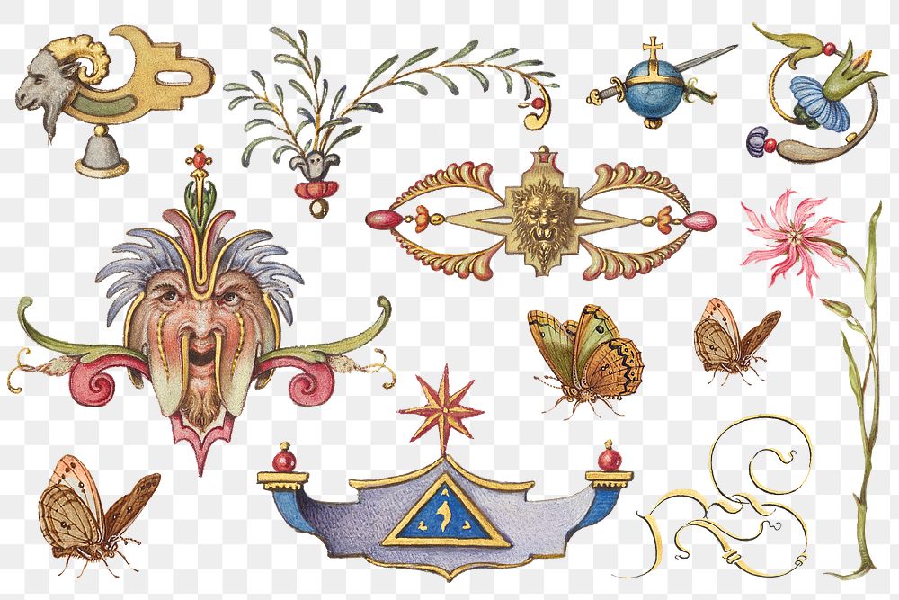 Victorian png ornamental decorative set, remix from The Model Book of Calligraphy Joris Hoefnagel and Georg Bocskay
