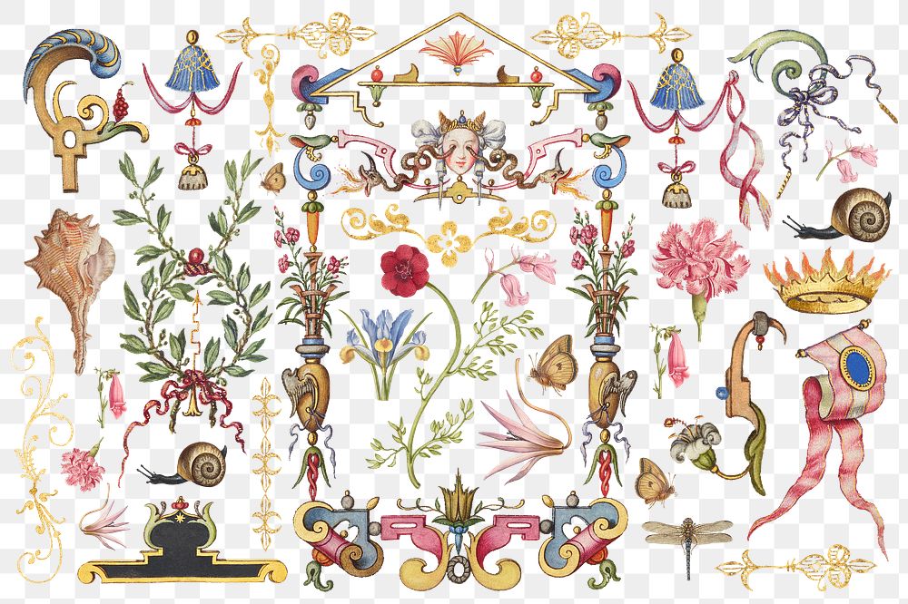 Png antique Victorian decorative ornament set, remix from The Model Book of Calligraphy Joris Hoefnagel and Georg Bocskay