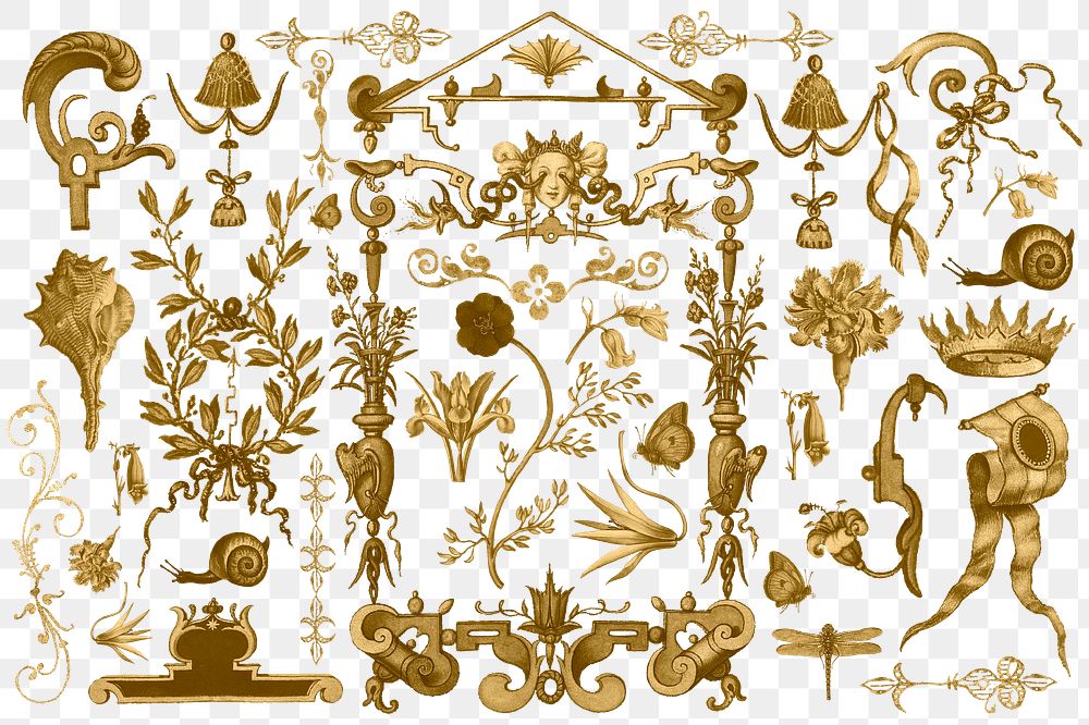 Gold antique Victorian png decorative ornament set, remix from The Model Book of Calligraphy Joris Hoefnagel and Georg…