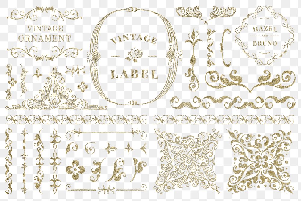 Glitter gold psd vintage ornamental element set, remix from The Model Book of Calligraphy Joris Hoefnagel and Georg Bocskay