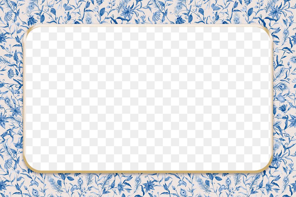 Png floral frame in blue watercolor bone China pattern with transparent background