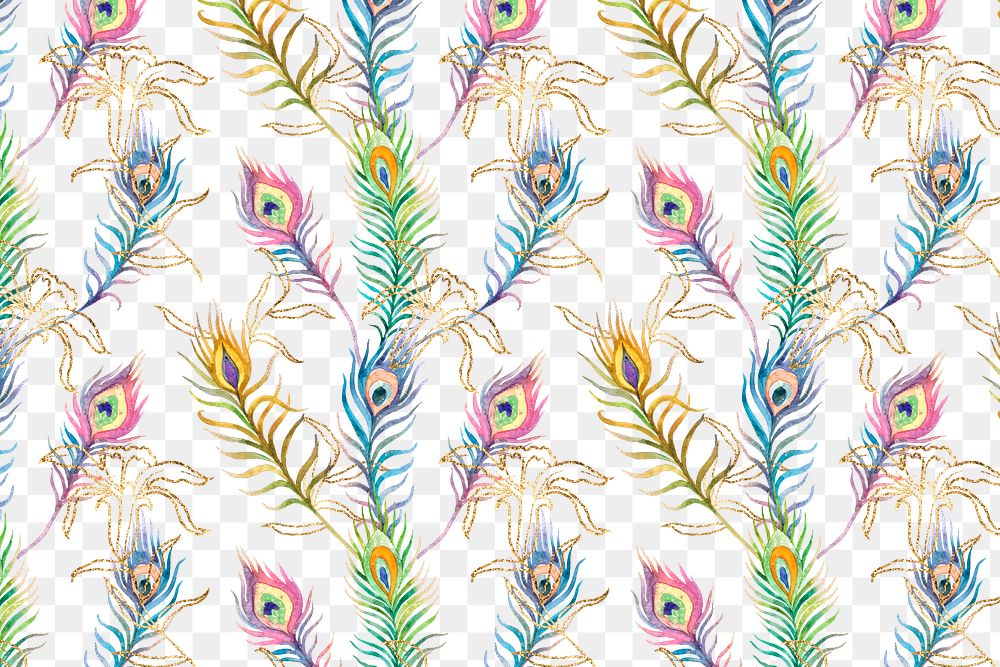 Png watercolor peacock feathers pattern with transparent background