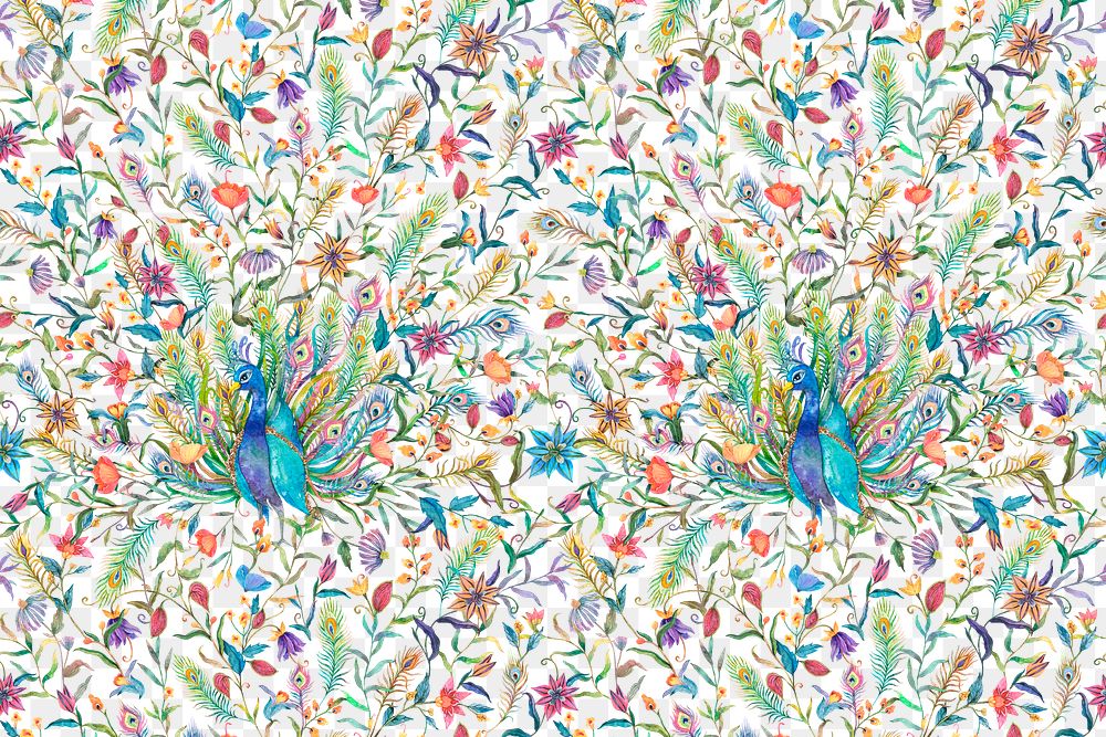 Png pattern with peacock and flowers on transparent background