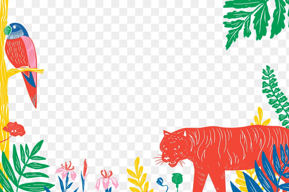 Vintage wild animals frame png colorful jungle background