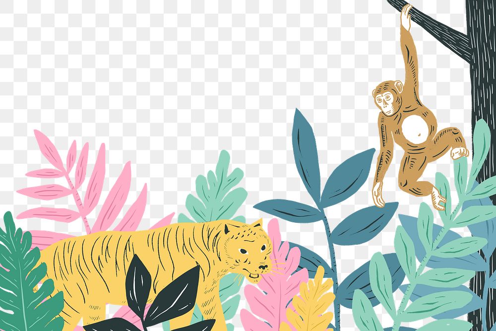 Vintage animals frame png colorful pastel jungle background