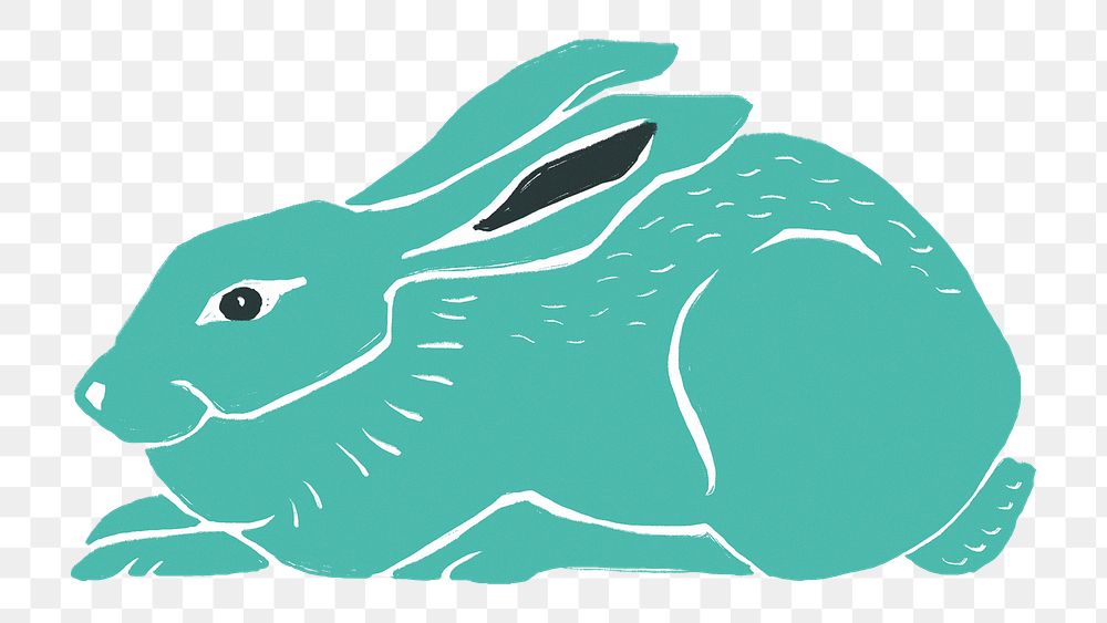 Vintage linocut turquoise rabbit png animal sticker hand drawn