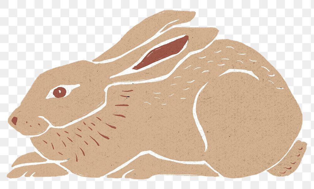 Beige rabbit png sticker vintage linocut illustration