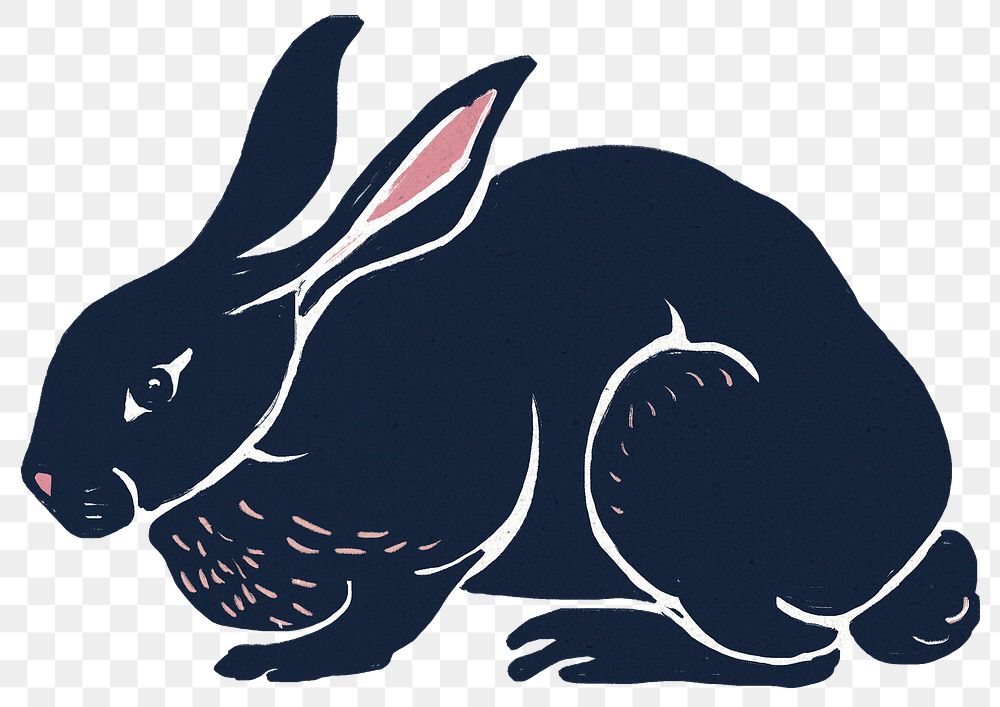 Navy blue rabbit png sticker vintage linocut illustration
