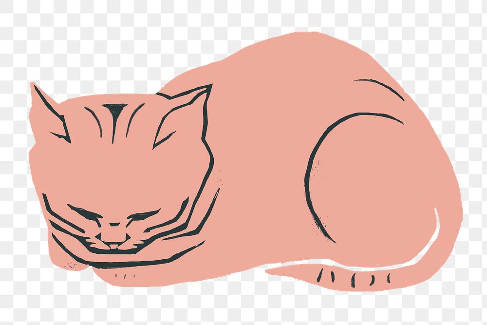 Peach cat animal png sticker vintage linocut drawing
