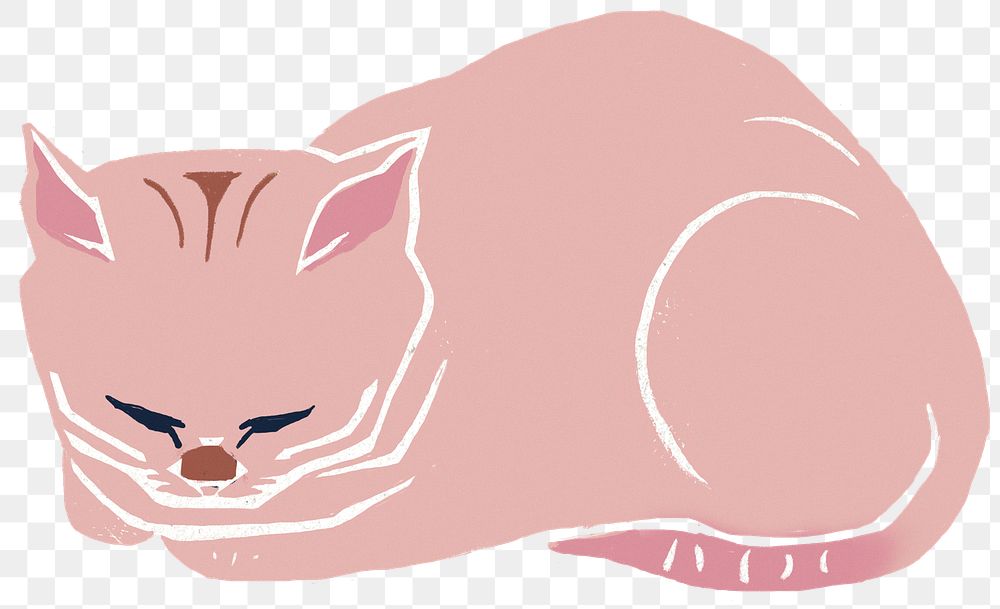 Pink cat png animal sticker retro linocut drawing
