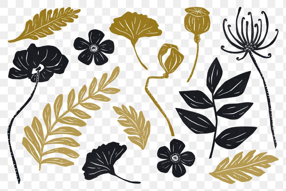 Gold black plant png sticker botanical clipart collection