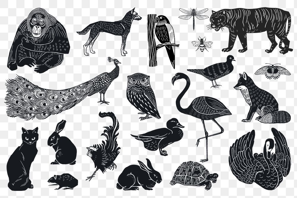 Black animals png sticker linocut stencil pattern clipart collection
