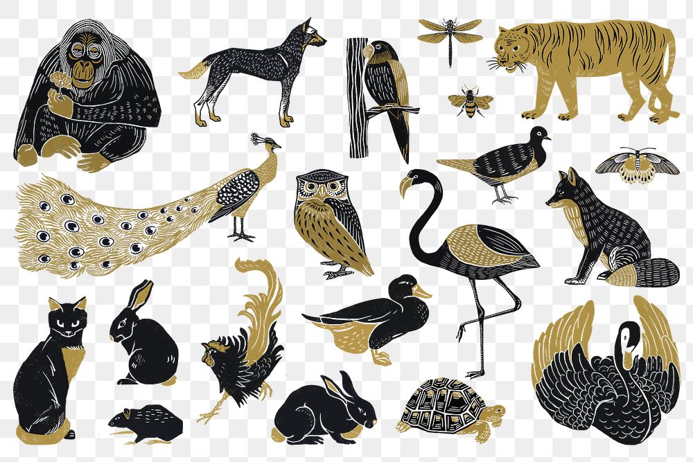 Vintage wild animals png sticker stencil painting collection
