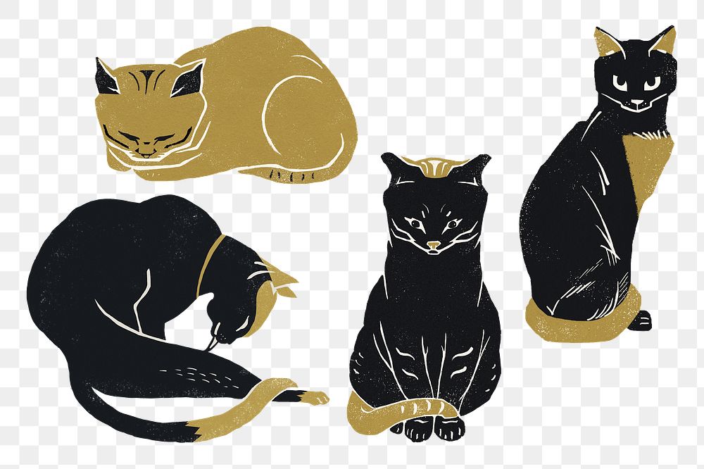 Vintage cats png animal sticker linocut illustration collection