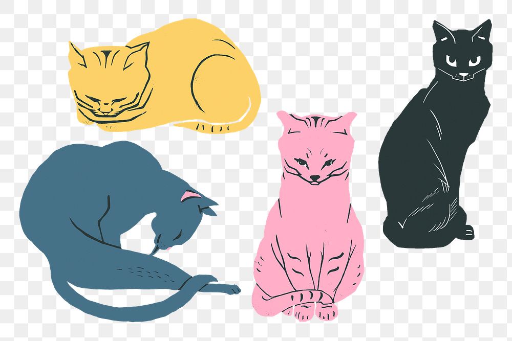 Vintage cat animal png sticker hand drawn illustration collection