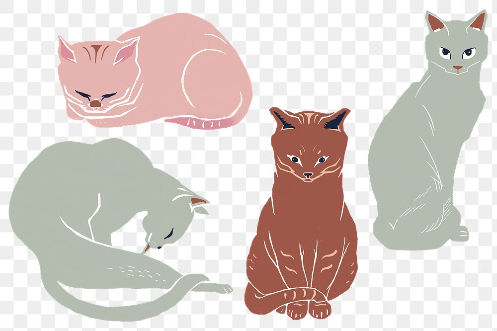 Vintage cats png sticker drawing linocut style collection