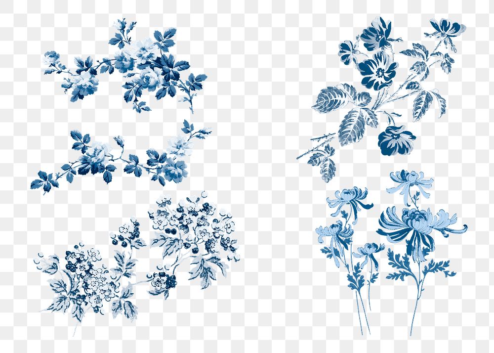 Blue flower set png vintage sticker