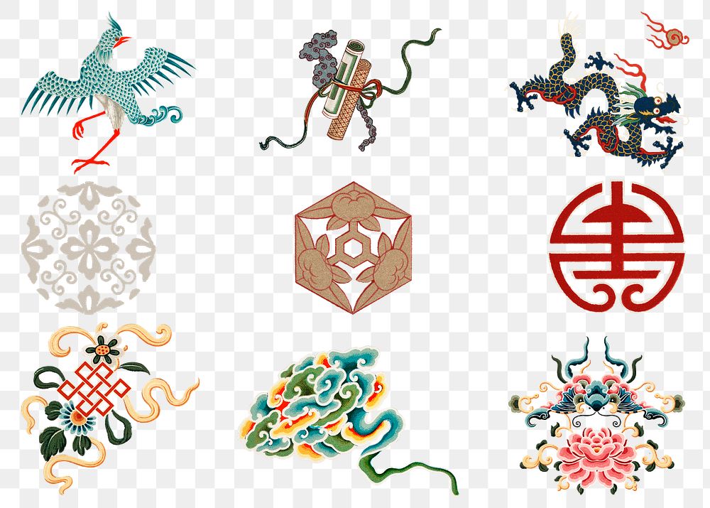 Chinese art png symbols decorative ornament set
