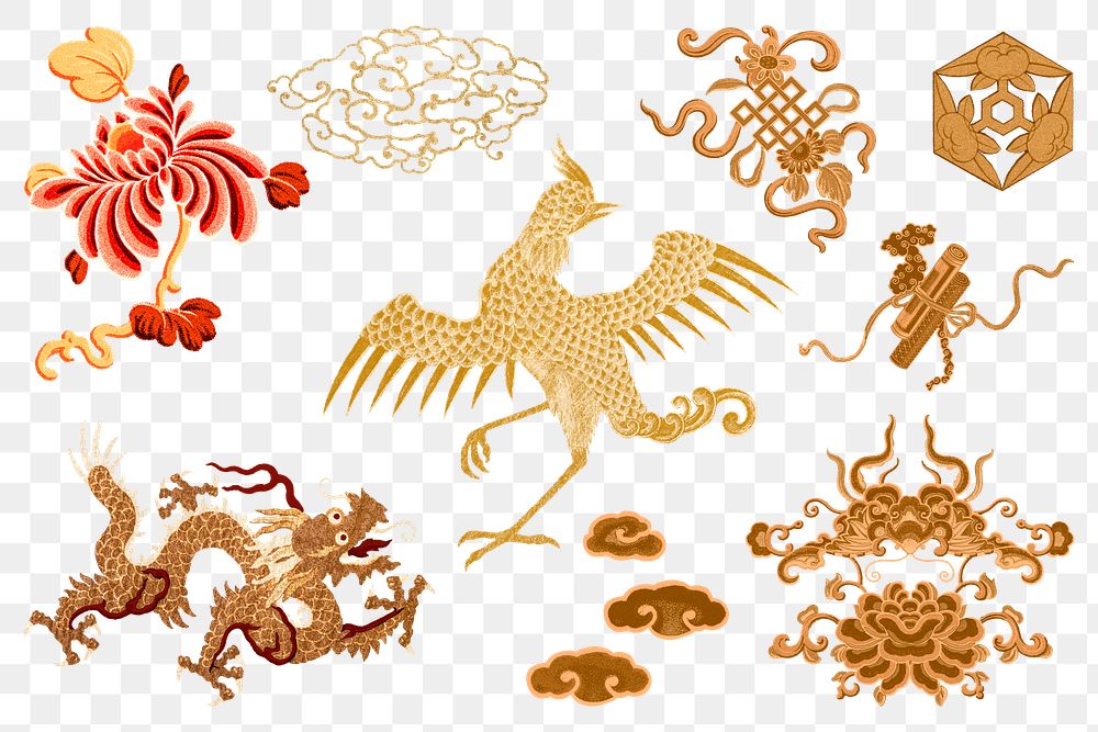 Chinese art gold symbols png sticker decorative ornament collection