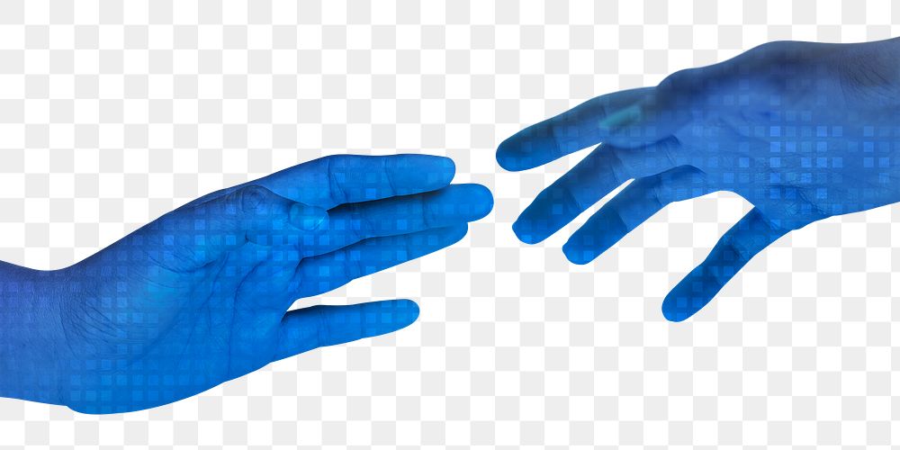 Two blue reaching hands png sticker smart technology
