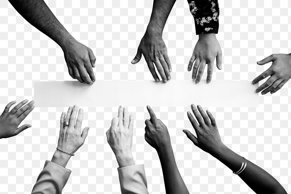 Black and white png diverse arms touching on white paper