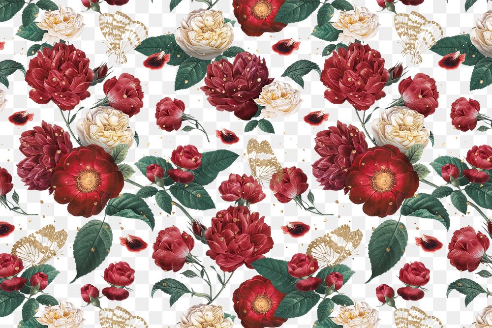 Floral Valentines red roses png pattern watercolor illustration