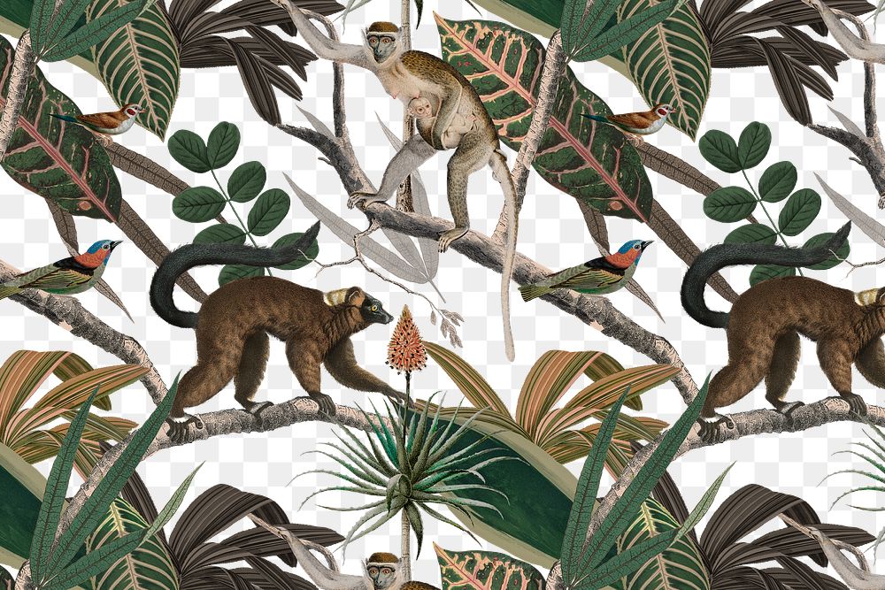 Jungle png animal pattern transparent background vintage animal illustration