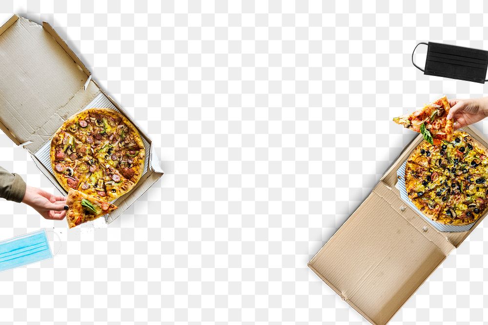 Png eating pizza with social distancing border with transparent background