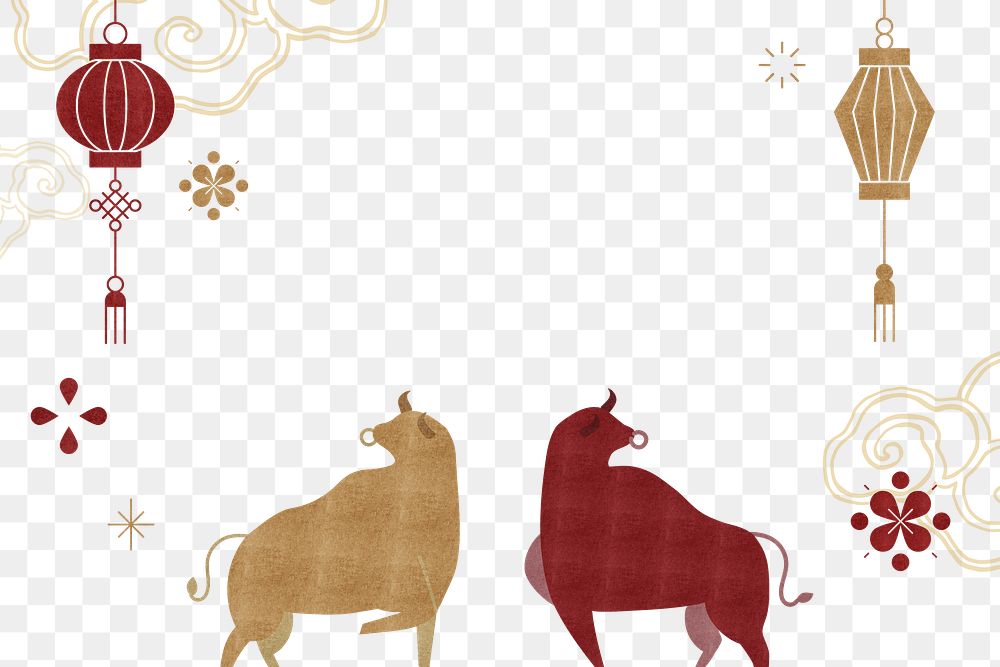 Lunar New Year png frame golden red ox with design space