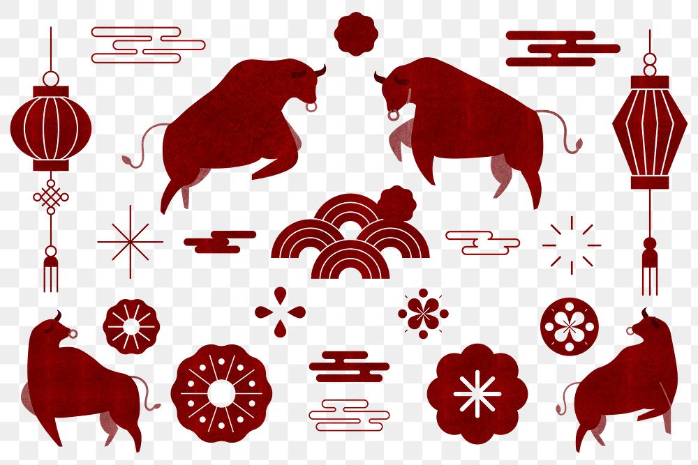 Chinese Ox Year red png design elements collection
