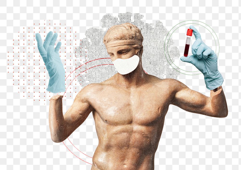 Male statue png  wearing mask and gloves holding test tube