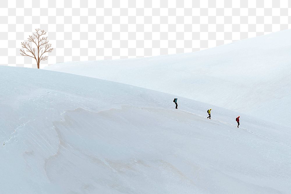 PNG minimal winter landscape with people hiking