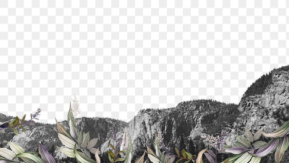 PNG botanical border with mountain range design element
