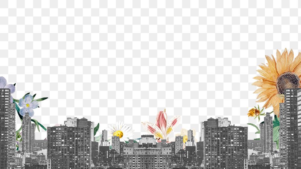 PNG grayscale cityscape with flowers creative design element