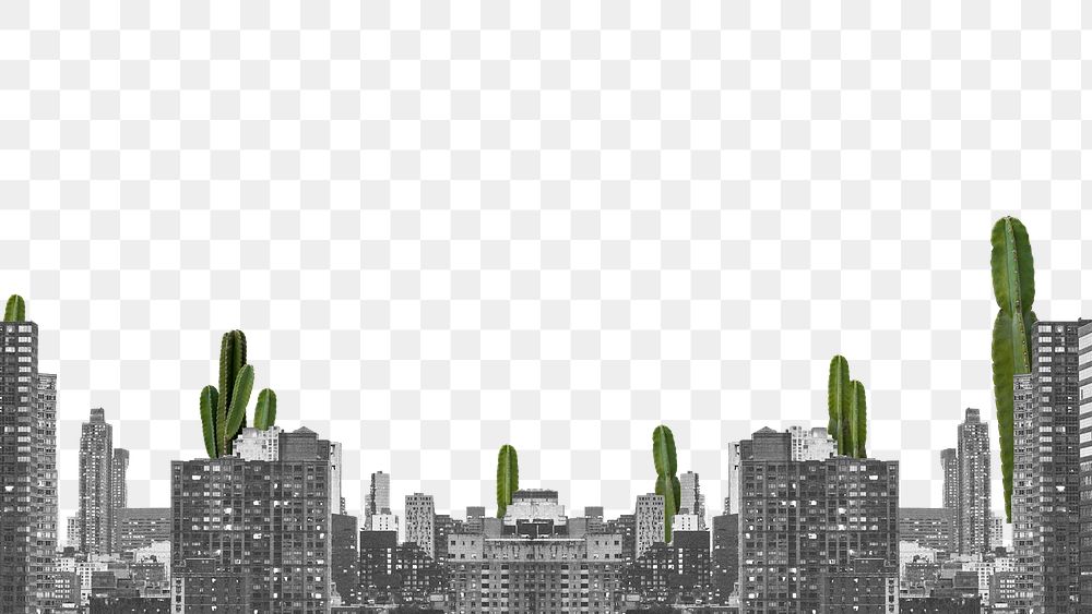 PNG grayscale cityscape with cacti creative design element