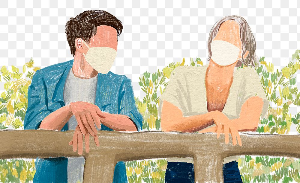 PNG couple wearing masks background color pencil illustration