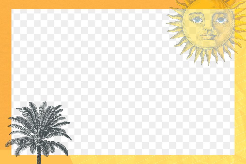 Frame png with sun and palm tree mixed media, remixed from public domain artworks