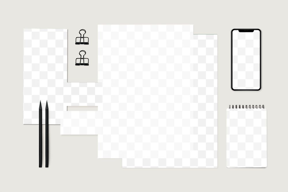 Png transparent stationery set mockup with a mobile phone