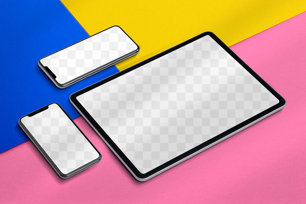 Multi-device png screen mockup, tablet, phone in flat lay